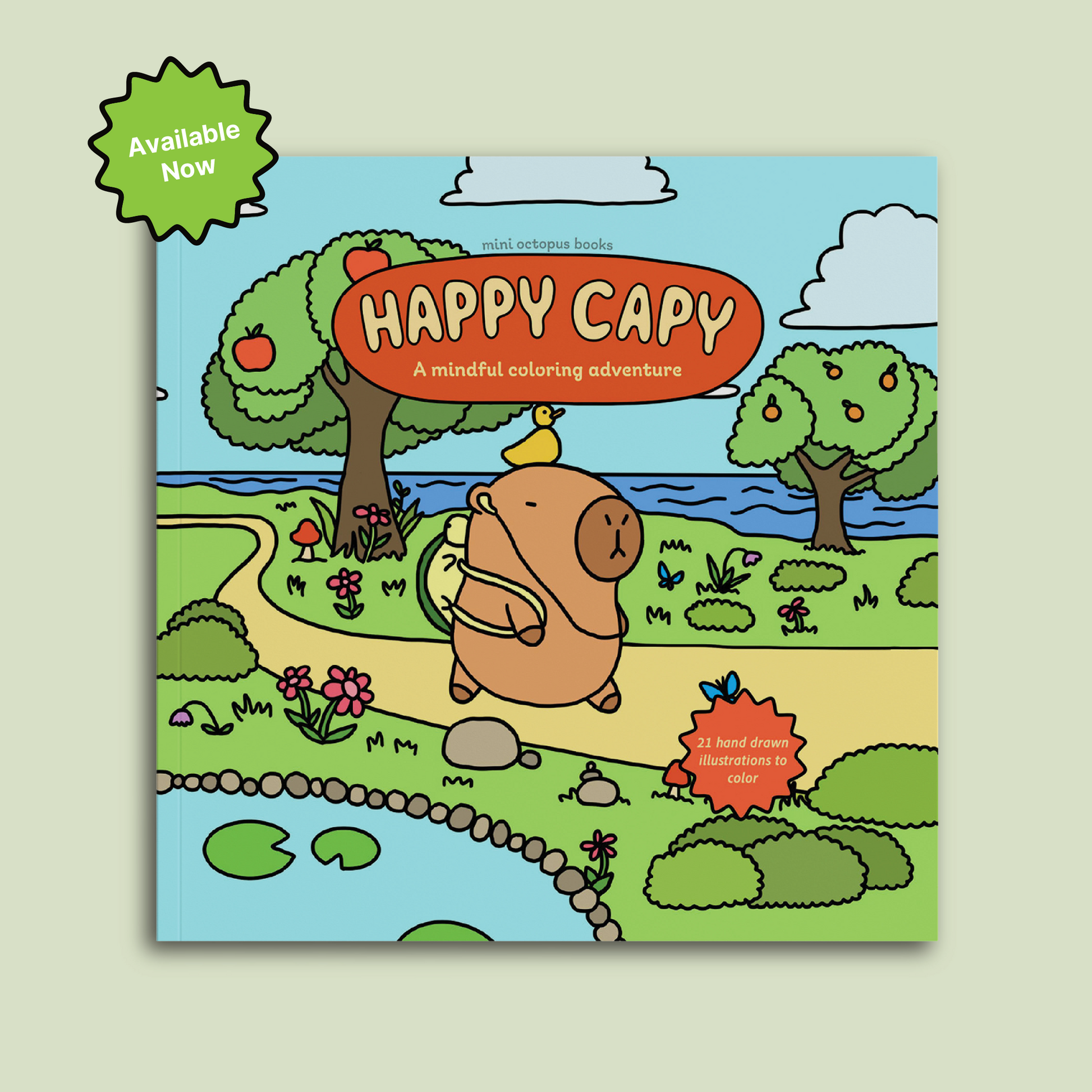 Book cover of 'Happy Capy' with a cartoon capybara in a colorful landscape.